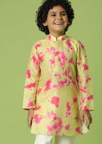 Kalki Lime Yellow Printed Kurta Set In Silk For Boys