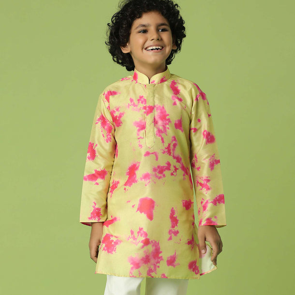 Kalki Lime Yellow Printed Kurta Set In Silk For Boys