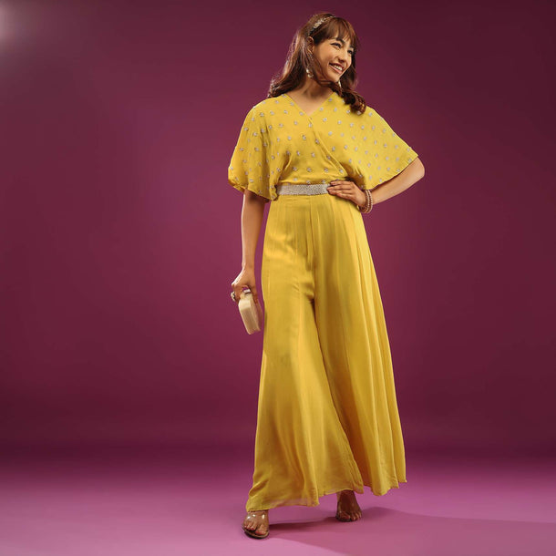 Bright Yellow Jumpsuit With Embroidery In Beads And Cut Dana