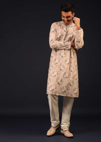 Powder Pink Embroidered Kurta Set With Vintage Floral Print