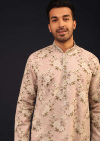 Powder Pink Embroidered Kurta Set With Vintage Floral Print