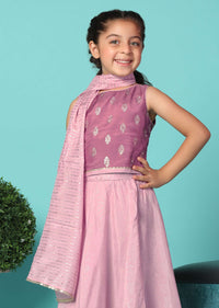 Kalki Mauve Pink Top And Lehenga Set In Silk With Foil Print For Girls