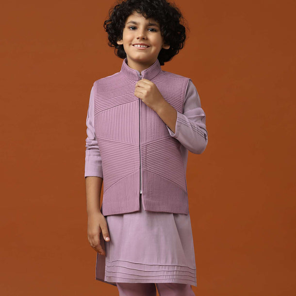 Kalki Mauve Purple Embroidered Kurta Jacket Set For Boys