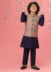 Kalki Medieval Blue Kurta Set In Silk With Multicolor Bandi Jacket For Boys