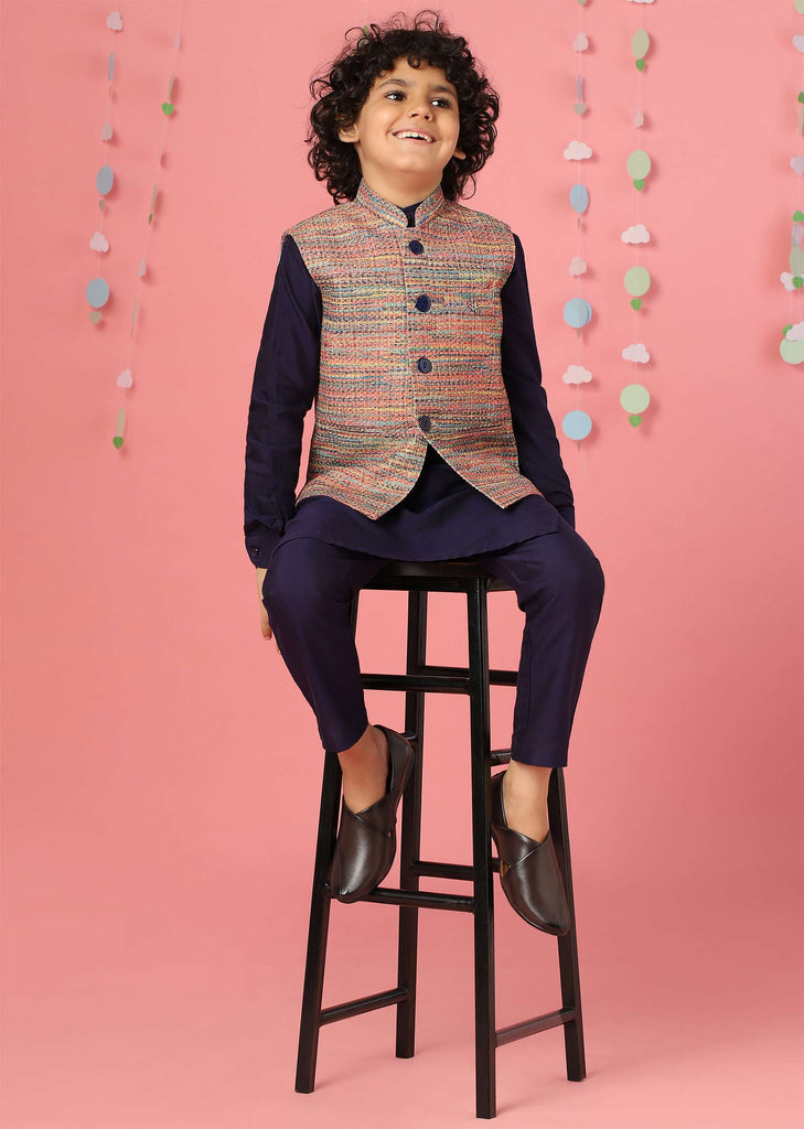 Kalki Medieval Blue Kurta Set In Silk With Multicolor Bandi Jacket For Boys