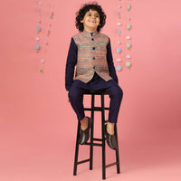 Kalki Medieval Blue Kurta Set In Silk With Multicolor Bandi Jacket For Boys
