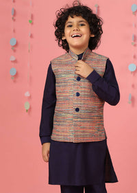 Kalki Medieval Blue Kurta Set In Silk With Multicolor Bandi Jacket For Boys