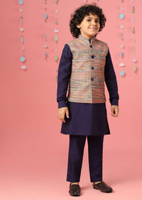 Kalki Medieval Blue Kurta Set In Silk With Multicolor Bandi Jacket For Boys