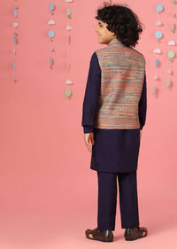 Kalki Medieval Blue Kurta Set In Silk With Multicolor Bandi Jacket For Boys