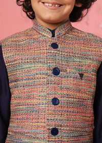 Kalki Medieval Blue Kurta Set In Silk With Multicolor Bandi Jacket For Boys
