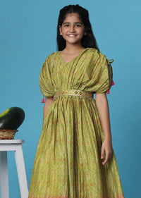 Kalki Mehendi Green Printed Gown In Georgette With Embroidery Work For Girls