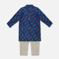 Kalki Mid Night Blue Printed Kurta Pant Set In Cotton For Boys