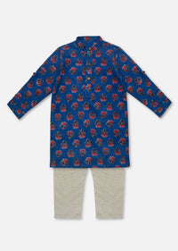 Kalki Mid Night Blue Printed Kurta Pant Set In Cotton For Boys