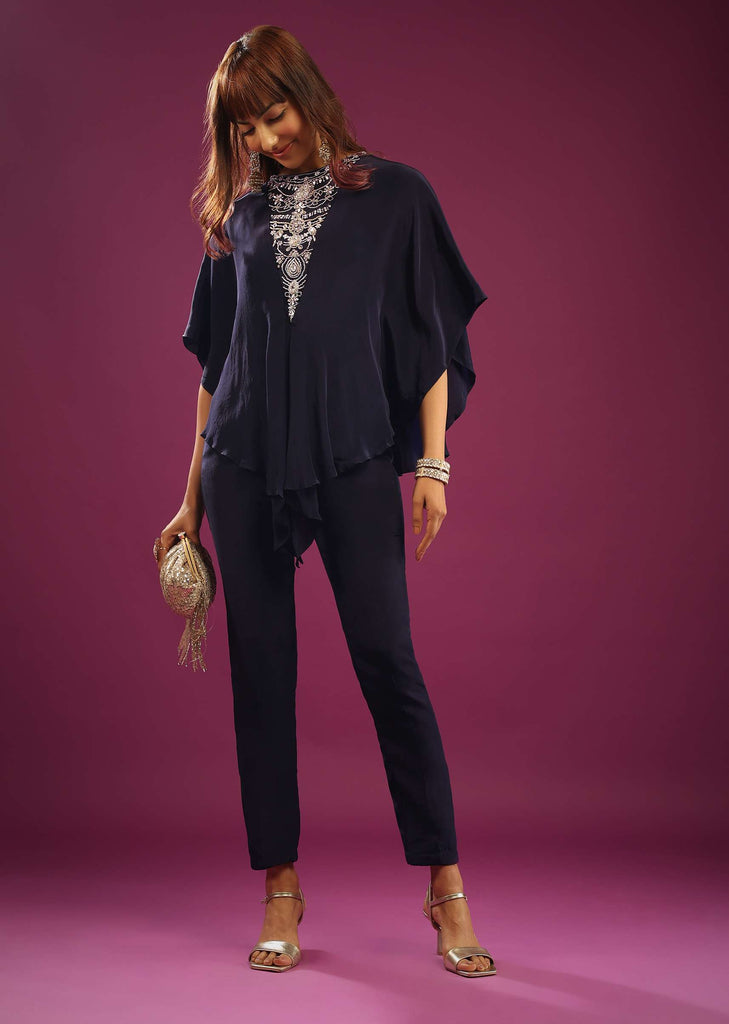 Midnight Blue Poncho Top With Trouser Pants In Crepe With Embroidery