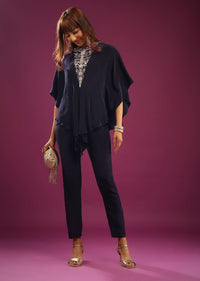 Midnight Blue Poncho Top With Trouser Pants In Crepe With Embroidery