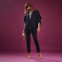 Midnight Blue Poncho Top With Trouser Pants In Crepe With Embroidery