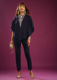 Midnight Blue Poncho Top With Trouser Pants In Crepe With Embroidery