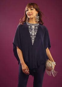 Midnight Blue Poncho Top With Trouser Pants In Crepe With Embroidery