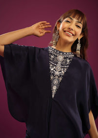 Midnight Blue Poncho Top With Trouser Pants In Crepe With Embroidery