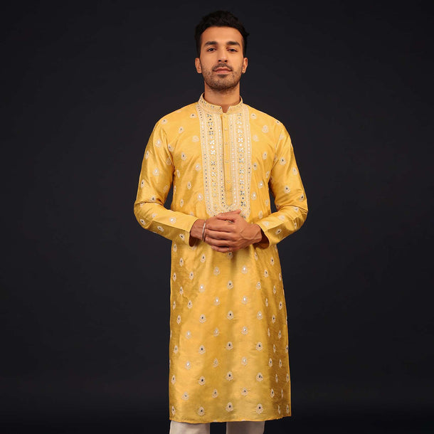 Cyber Yellow Mirror And Thread Embroidered Kurta Set