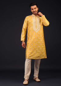 Cyber Yellow Mirror And Thread Embroidered Kurta Set