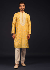 Cyber Yellow Mirror And Thread Embroidered Kurta Set