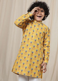 Kalki Mimosa Yellow Kurta Set In Silk With Threadwork For Boys