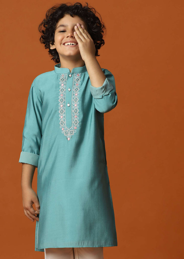 Mint Blue Kurta Set In Silk For Boys