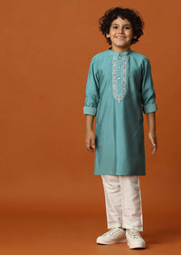 Mint Blue Kurta Set In Silk For Boys