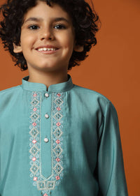 Mint Blue Kurta Set In Silk For Boys