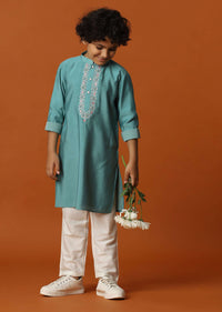 Mint Blue Kurta Set In Silk For Boys