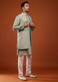 Moss Green Bandi Jacket Kurta Set In Cotton Silk With Embroidery