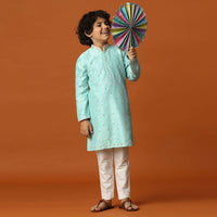 Kalki Mint Green Boys Kurta Set In Silk With Mirrors And Threadwork For Boys