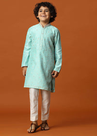 Kalki Mint Green Boys Kurta Set In Silk With Mirrors And Threadwork For Boys