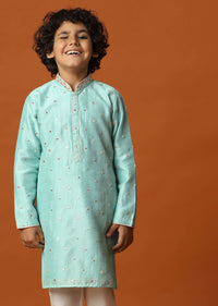 Kalki Mint Green Boys Kurta Set In Silk With Mirrors And Threadwork For Boys