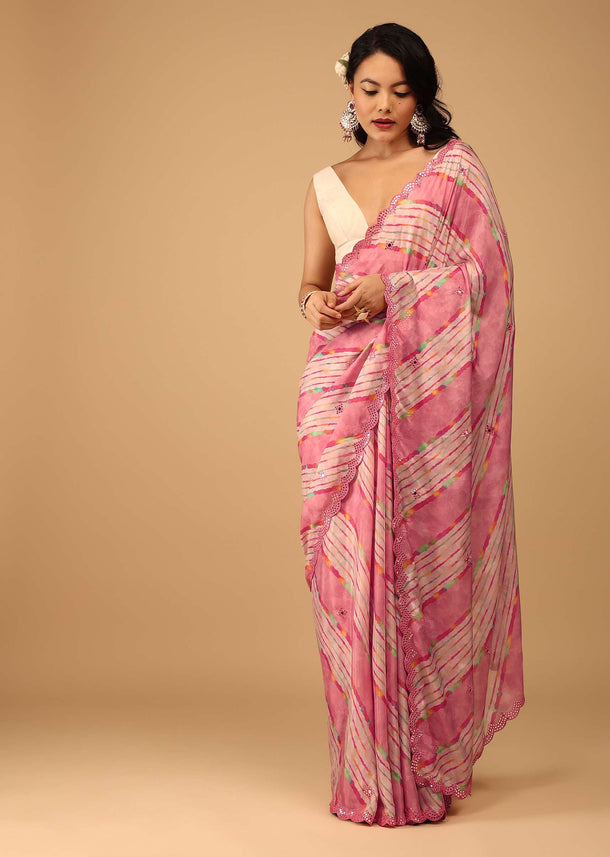 Rose Pink Leheriya Saree In Muslin With Mirror Embroidery