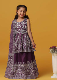 Kalki Mulberry Purple Lehenga And Kurta Set In Silk With Bead Embroidery For Girls