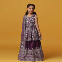 Kalki Mulberry Purple Lehenga And Kurta Set In Silk With Bead Embroidery For Girls