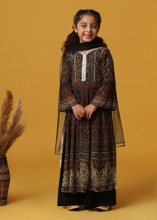 Kalki Multi-Color Embroidered Kurta Palazzo Set In Georgette For Girls
