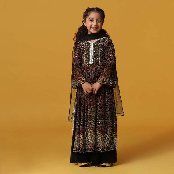 Kalki Multi-Color Embroidered Kurta Palazzo Set In Georgette For Girls