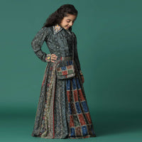 Kalki Multi Colored Top And Skirt Set In Satin Blend With A Matching Sling Bag