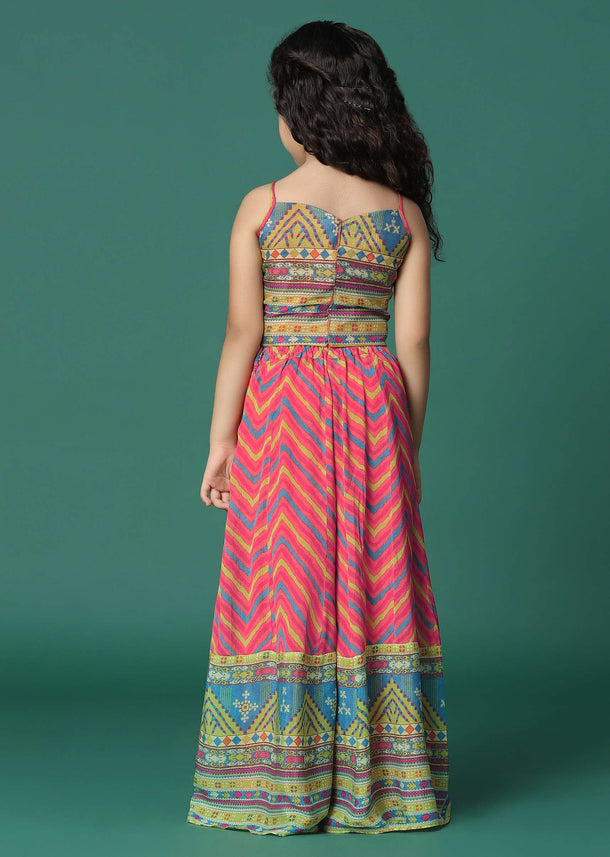 Kalki Multi Colored Printed Top And Palazzo Set With Jacket In Pure Chinon For Girls