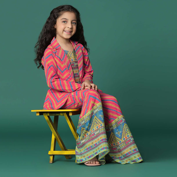 Kalki Multi Colored Printed Top And Palazzo Set With Jacket In Pure Chinon For Girls