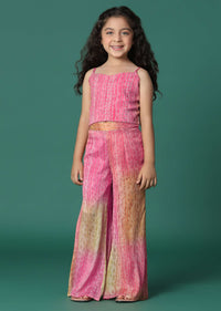 Kalki Multi Colored Printed Top And Palazzo Set With Jacket In Satin Blend For Girls