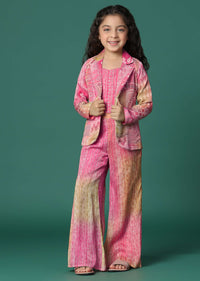 Kalki Multi Colored Printed Top And Palazzo Set With Jacket In Satin Blend For Girls