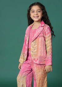 Kalki Multi Colored Printed Top And Palazzo Set With Jacket In Satin Blend For Girls