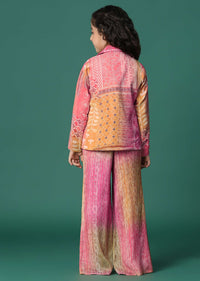 Kalki Multi Colored Printed Top And Palazzo Set With Jacket In Satin Blend For Girls