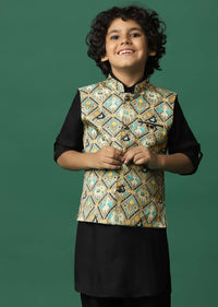 Kalki Multicolor Bandi Jacket And Black Kurta Set In Silk For Boys