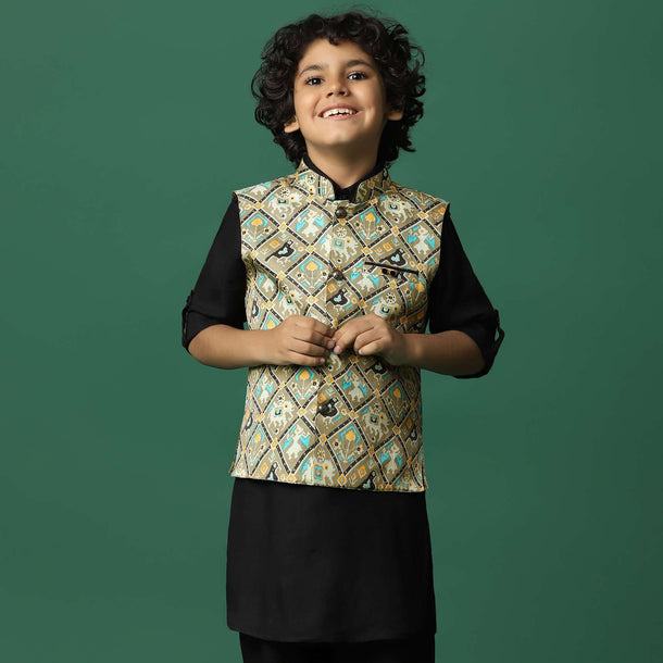 Kalki Multicolor Bandi Jacket And Black Kurta Set In Silk For Boys