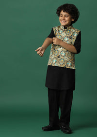 Kalki Multicolor Bandi Jacket And Black Kurta Set In Silk For Boys